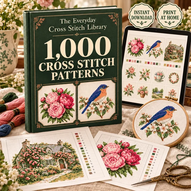 Illustrative product mockup for the 1,000-pattern Everyday Cross Stitch Library