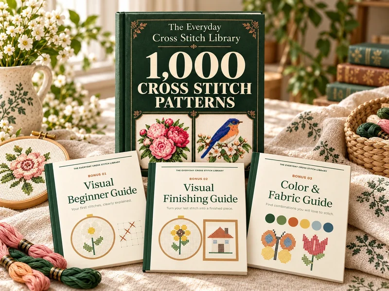 Illustrative digital product mockup of the 1,000-pattern library with all three visual bonus guides
