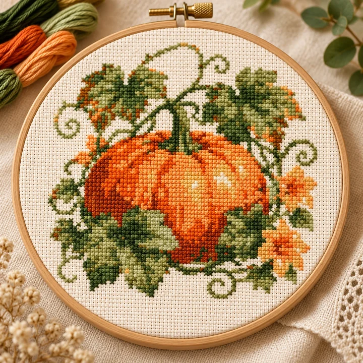 AI-generated finished cross stitch visualization of Botanical Pumpkin With Trailing Vine: Autumn & Halloween