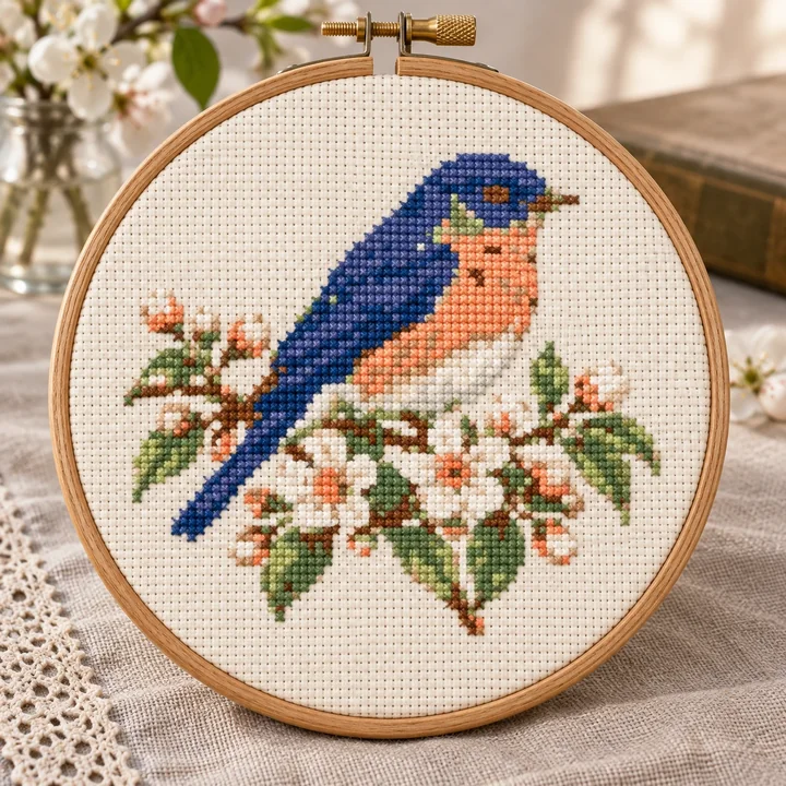 AI-generated finished cross stitch visualization of Bluebird On Flowering Branch: Animals & Birds