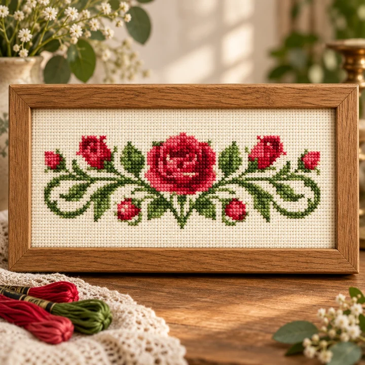 AI-generated finished cross stitch visualization of Rose Horizontal Scrolling Border: Borders & Geometric Designs