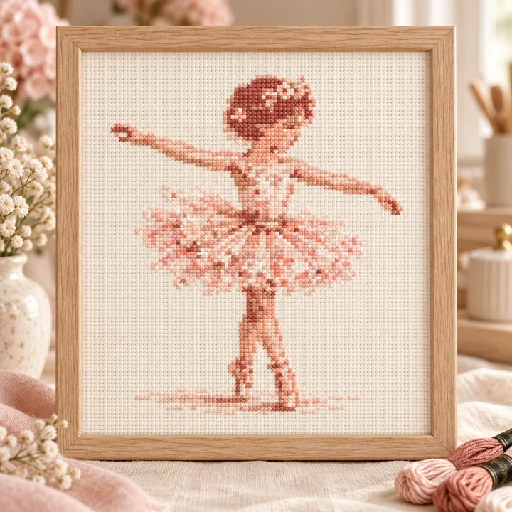 AI-generated finished cross stitch visualization of Ballerina With A Flower Crown: Hearts & Celebrations