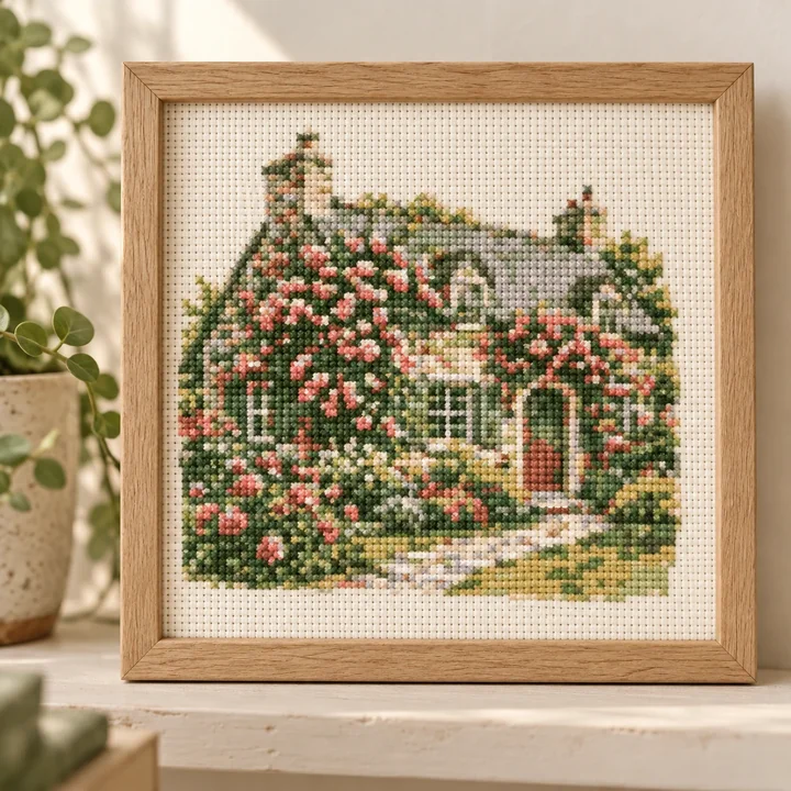 AI-generated finished cross stitch visualization of Stone Cottage With Climbing Roses: Cozy Home