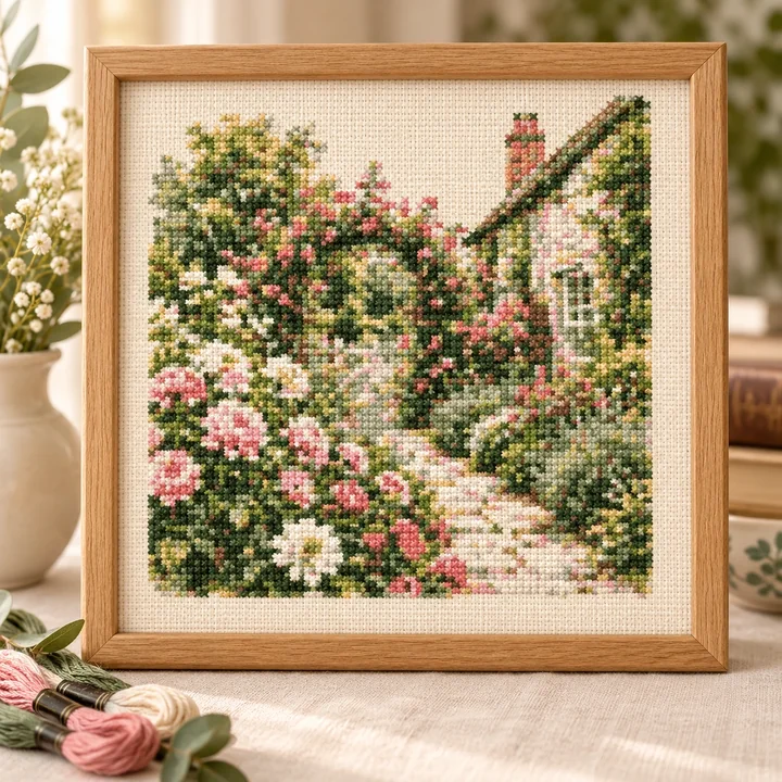 AI-generated finished cross stitch visualization of Cottage Rose Garden Path: Garden & Outdoors