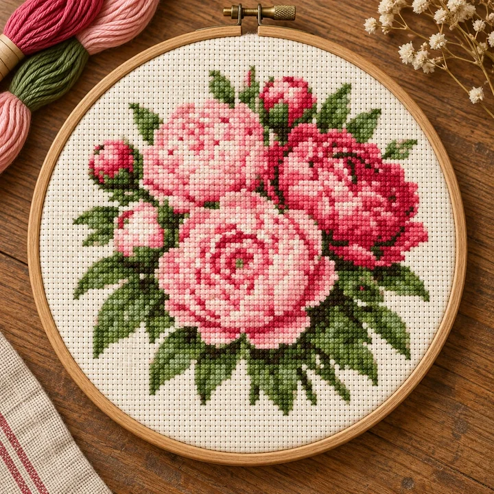 AI-generated finished cross stitch visualization of Peony Bouquet: Flowers & Botanicals