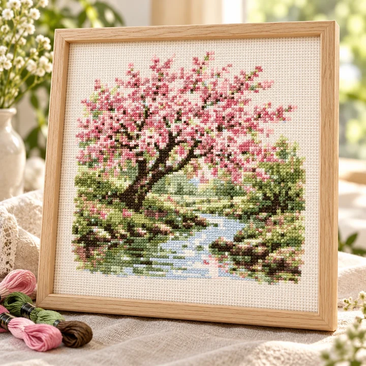 AI-generated finished cross stitch visualization of Spring Blossom Tree By Creek: Spring & Summer