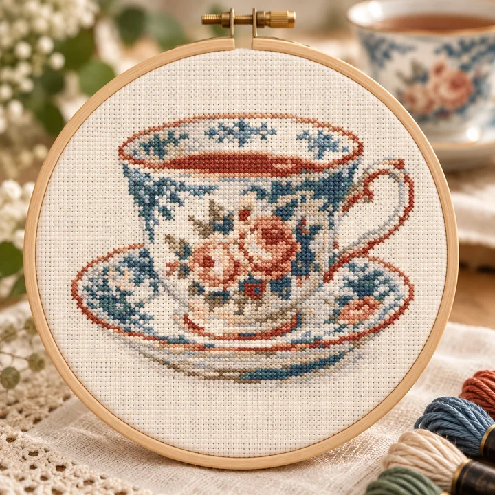 AI-generated finished cross stitch visualization of Blue Porcelain Teacup With Roses: Coffee & Kitchen
