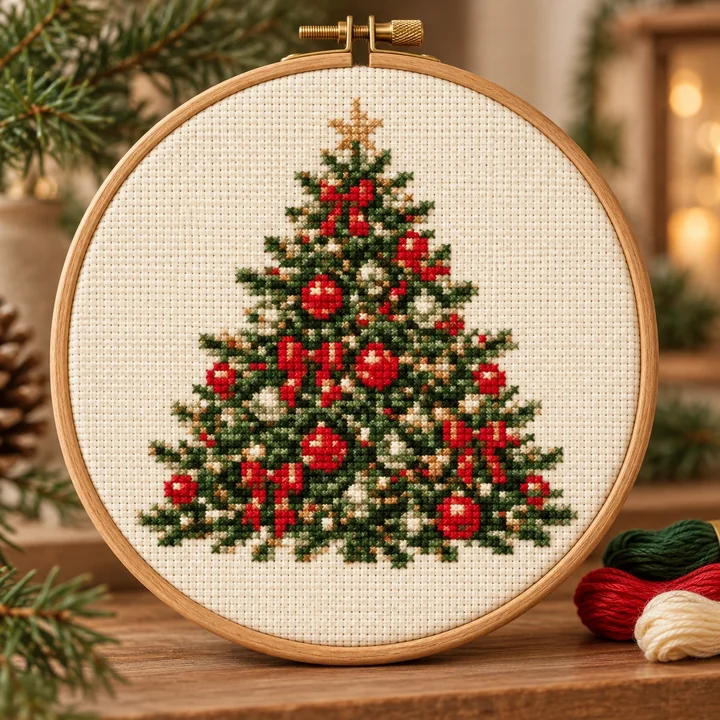 AI-generated finished cross stitch visualization of Christmas Tree With Red Ornaments: Christmas & Winter