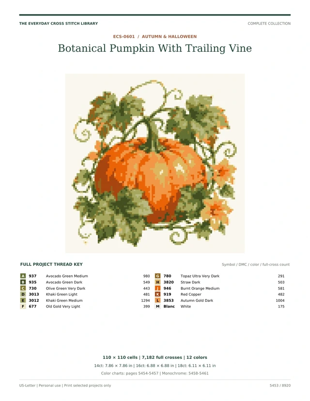 Actual PDF overview for Botanical Pumpkin With Trailing Vine: Autumn & Halloween