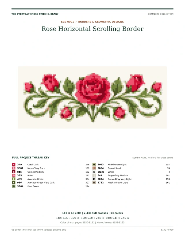 Actual PDF overview for Rose Horizontal Scrolling Border: Borders & Geometric Designs