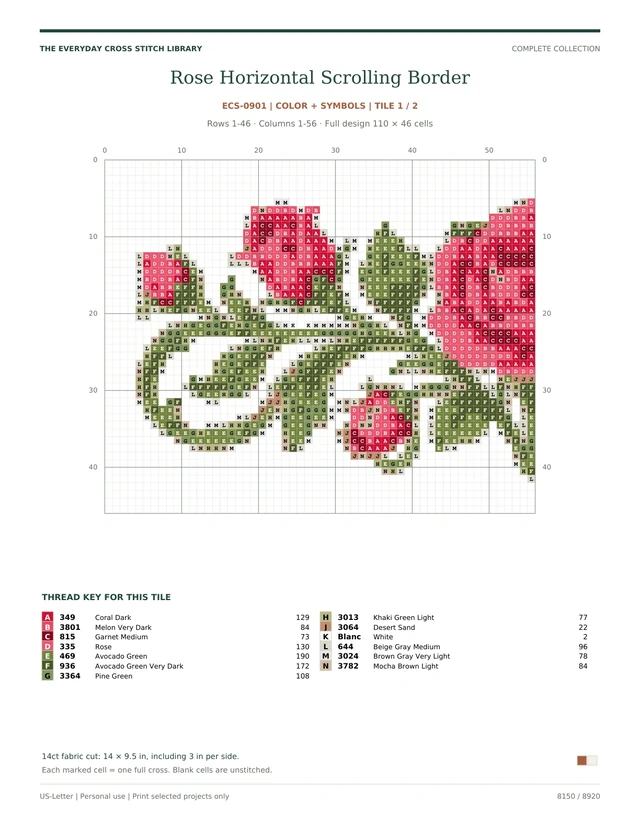 Actual numbered color-symbol chart section for Rose Horizontal Scrolling Border: Borders & Geometric Designs