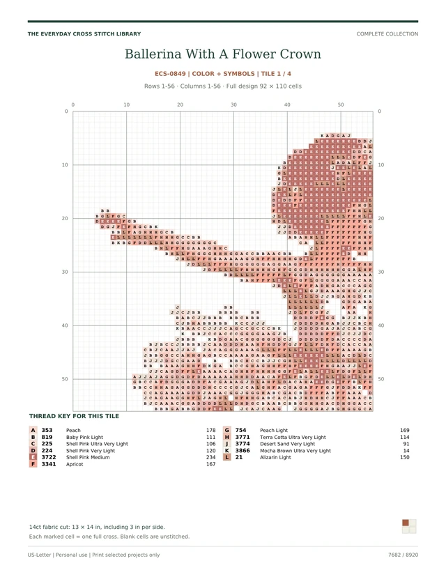 Actual numbered color-symbol chart section for Ballerina With A Flower Crown: Hearts & Celebrations