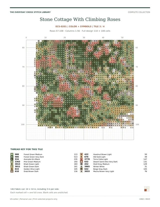 Actual numbered color-symbol chart section for Stone Cottage With Climbing Roses: Cozy Home