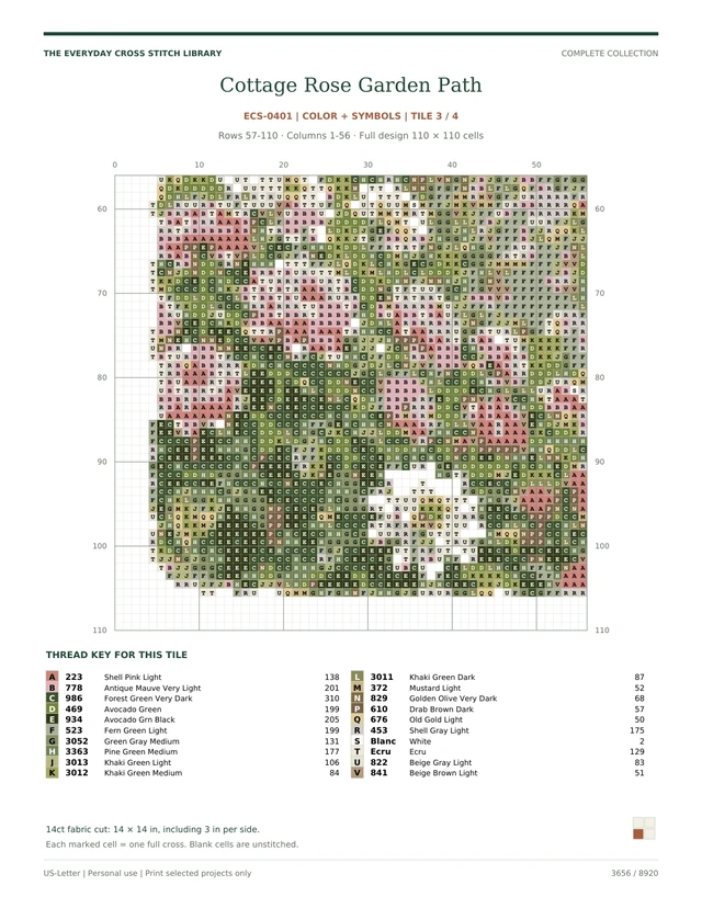 Actual numbered color-symbol chart section for Cottage Rose Garden Path: Garden & Outdoors