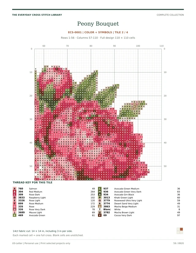 Actual numbered color-symbol chart section for Peony Bouquet: Flowers & Botanicals