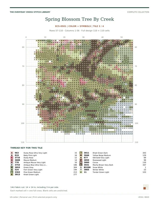 Actual numbered color-symbol chart section for Spring Blossom Tree By Creek: Spring & Summer