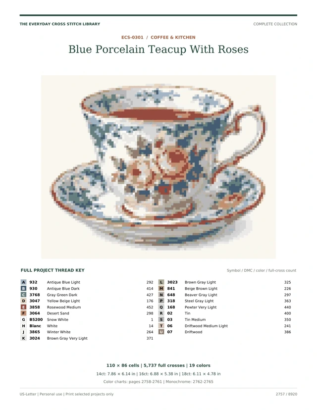 Actual PDF overview for Blue Porcelain Teacup With Roses: Coffee & Kitchen