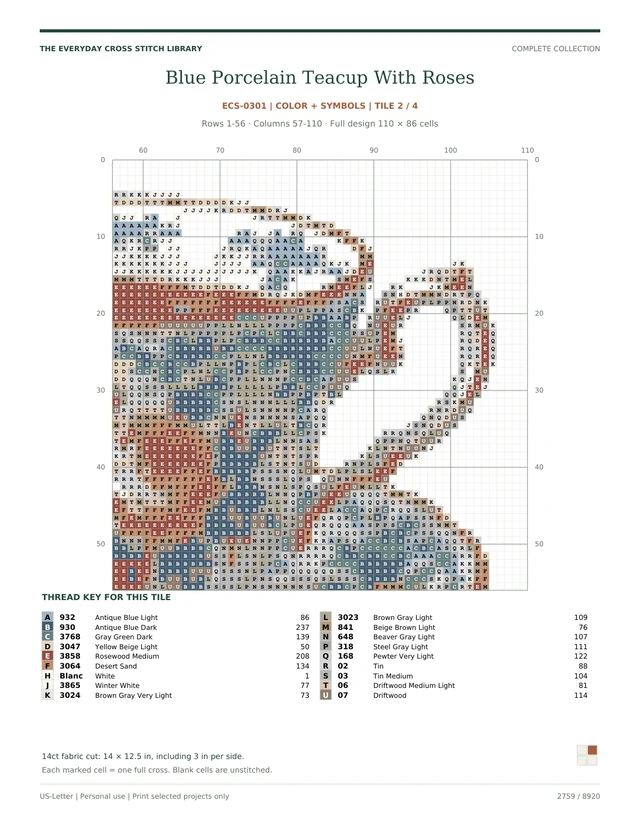 Actual numbered color-symbol chart section for Blue Porcelain Teacup With Roses: Coffee & Kitchen