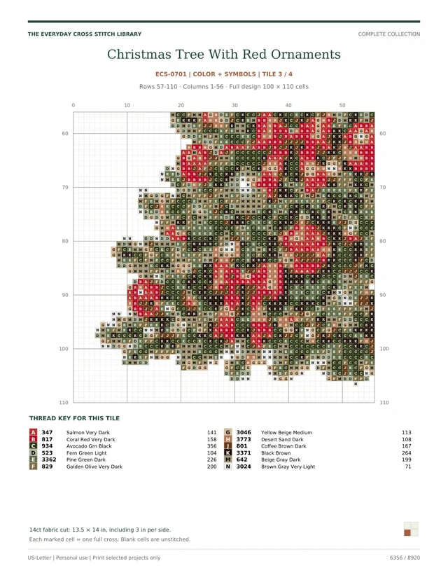Actual numbered color-symbol chart section for Christmas Tree With Red Ornaments: Christmas & Winter