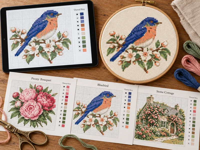 AI-generated styled product mockup showing the new peony, bluebird and cottage charts with a matching stitched-look bluebird hoop